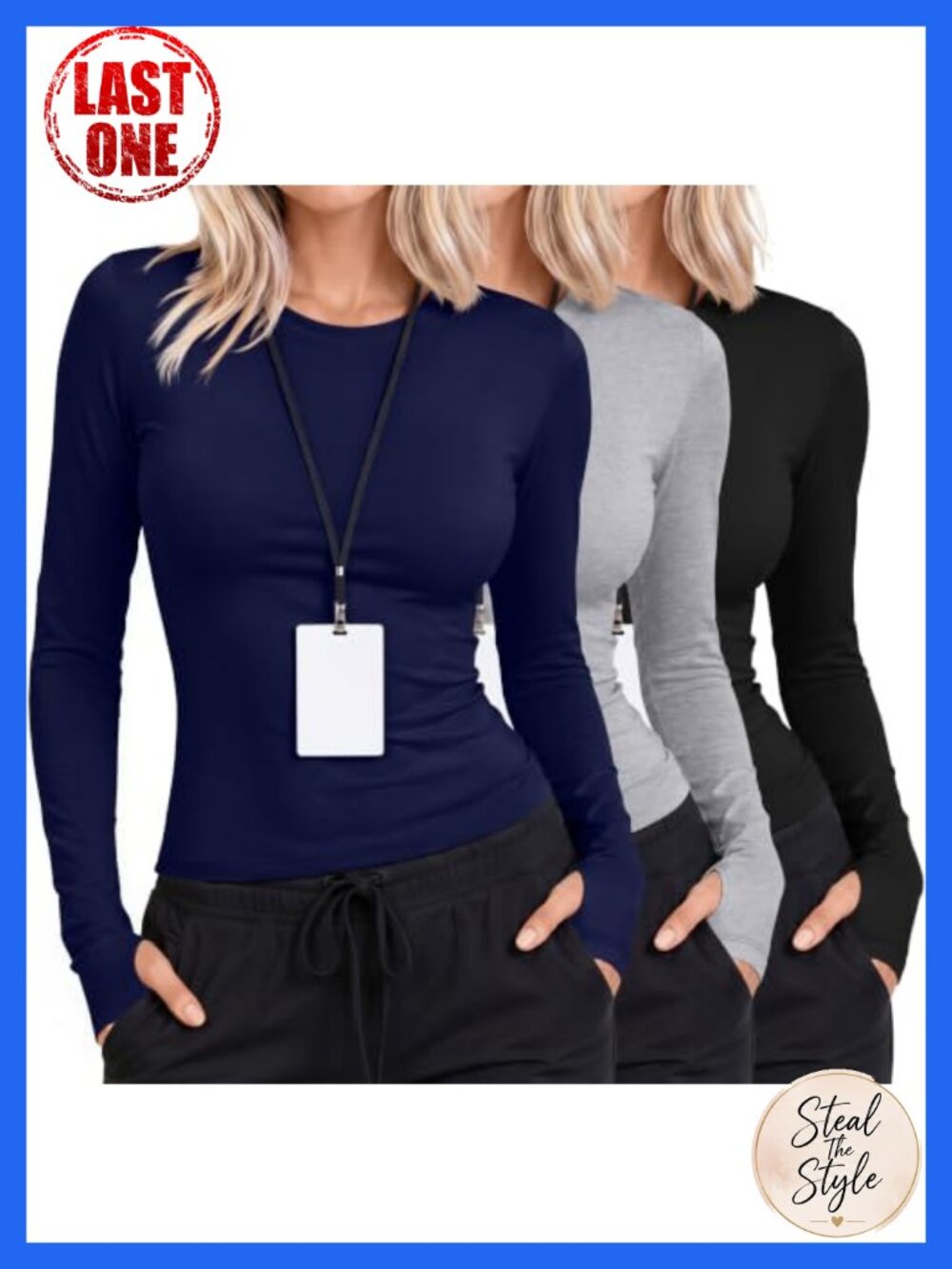 Women's Long Sleeve Underscrub Tops 3 Pack Fitted Crew Neck Thumb Hole